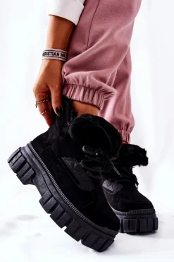 Damskie Boto Ocieplane Botki Trapery Czarne Demaris