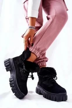 Damskie Boto Ocieplane Botki Trapery Czarne Demaris