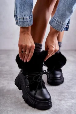 Damskie Boto Ocieplane Botki Trapery Czarne Charles