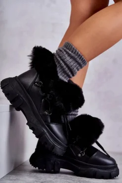 Damskie Boto Ocieplane Botki Trapery Czarne Charles
