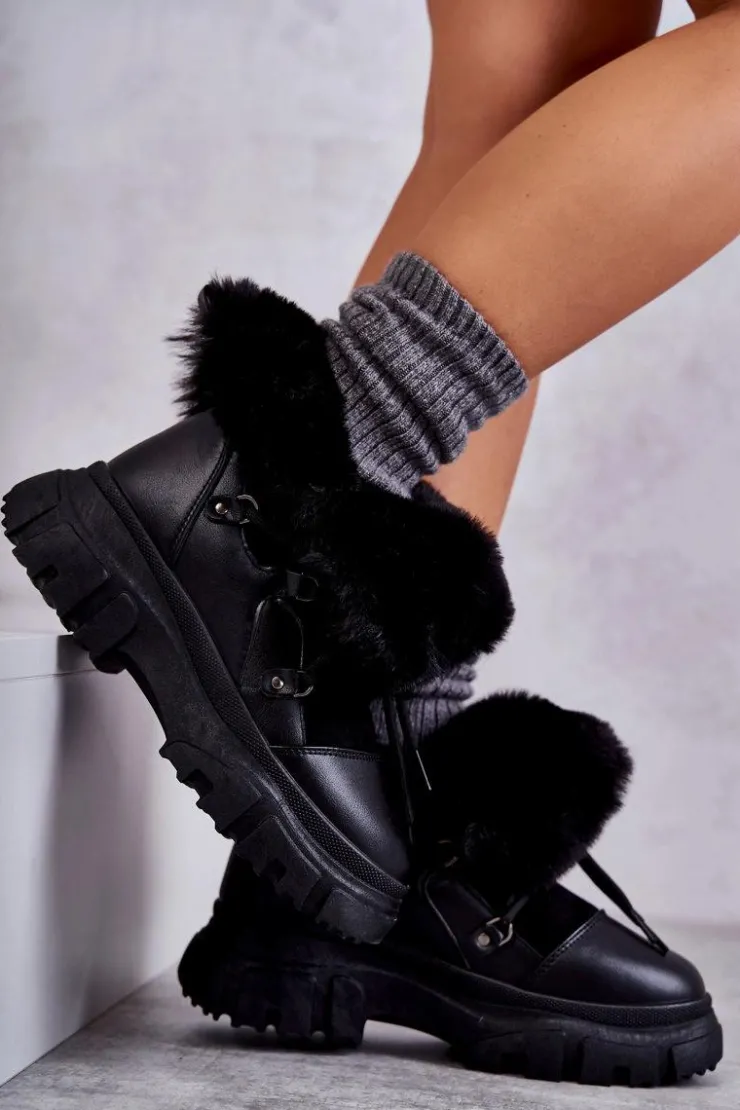 Damskie Boto Ocieplane Botki Trapery Czarne Charles