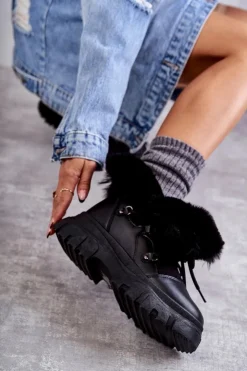 Damskie Boto Ocieplane Botki Trapery Czarne Charles