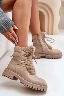 Damskie Boto Ocieplane Botki Trapery Na Zamek Z Eko Skóry Beżowe Willatta