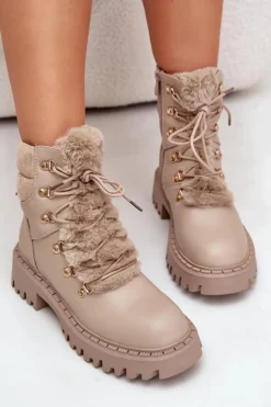 Damskie Boto Ocieplane Botki Trapery Na Zamek Z Eko Skóry Beżowe Willatta