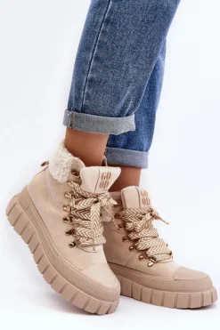 Damskie Boto Ocieplane Botki Trapery Na Grubej Podeszwie Jasnobeżowe Ralotta