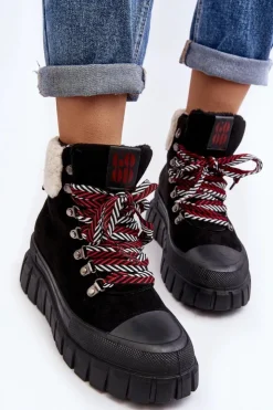 Damskie Boto Ocieplane Botki Trapery Na Grubej Podeszwie Czarne Ralotta