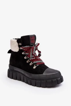 Damskie Boto Ocieplane Botki Trapery Na Grubej Podeszwie Czarne Ralotta