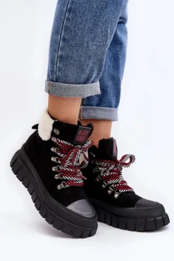 Damskie Boto Ocieplane Botki Trapery Na Grubej Podeszwie Czarne Ralotta