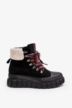 Damskie Boto Ocieplane Botki Trapery Na Grubej Podeszwie Czarne Ralotta