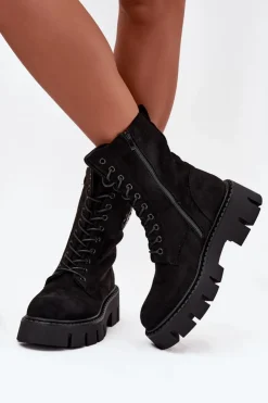 Boto Botki Ocieplane|Botki Sznurowane*Ocieplane Botki Wokrery Damskie Z Ozdobą Czarne Melisse