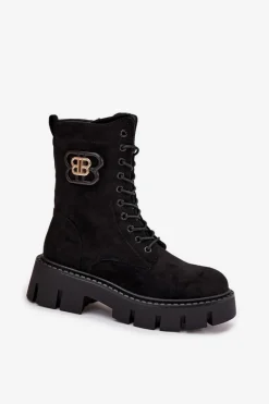 Boto Botki Ocieplane|Botki Sznurowane*Ocieplane Botki Wokrery Damskie Z Ozdobą Czarne Melisse