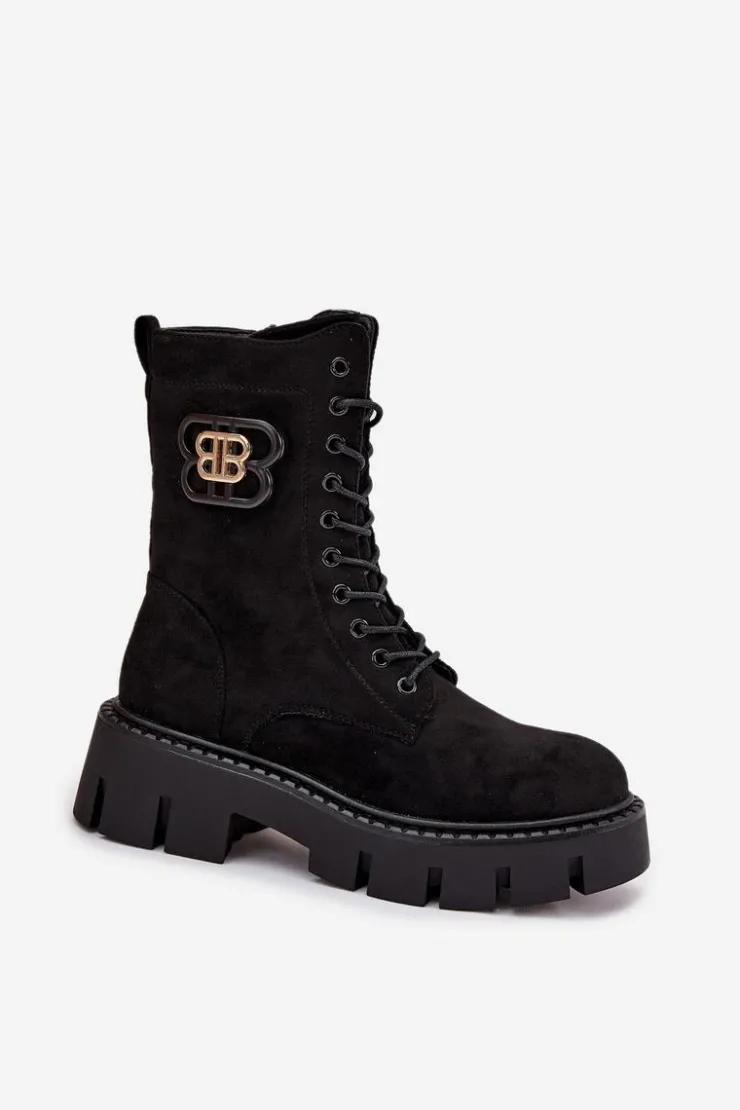 Boto Botki Ocieplane|Botki Sznurowane*Ocieplane Botki Wokrery Damskie Z Ozdobą Czarne Melisse