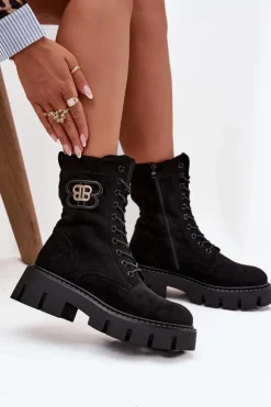 Boto Botki Ocieplane|Botki Sznurowane*Ocieplane Botki Wokrery Damskie Z Ozdobą Czarne Melisse