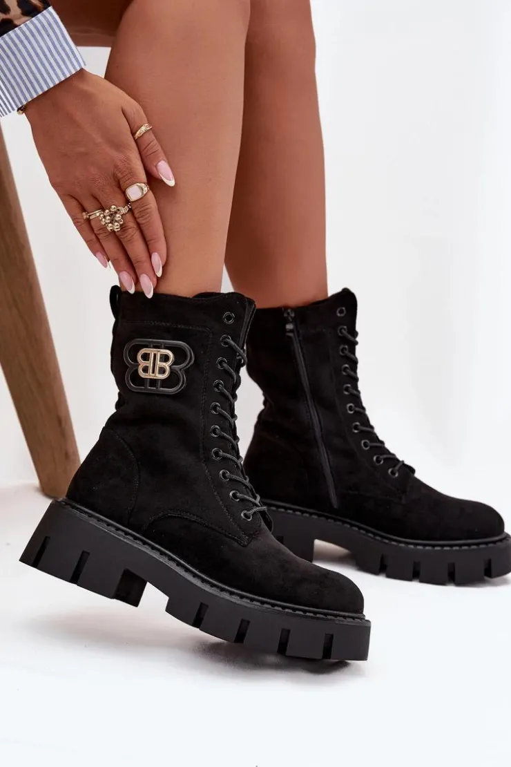 Boto Botki Ocieplane|Botki Sznurowane*Ocieplane Botki Wokrery Damskie Z Ozdobą Czarne Melisse