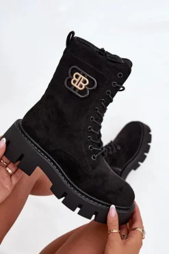 Boto Botki Ocieplane|Botki Sznurowane*Ocieplane Botki Wokrery Damskie Z Ozdobą Czarne Melisse