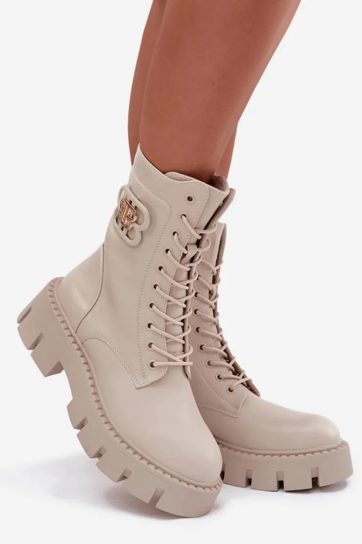 Boto Botki Ocieplane|Botki Sznurowane*Ocieplane Botki Wokrery Damskie Z Ozdobą Jasnobeżowe Melisse