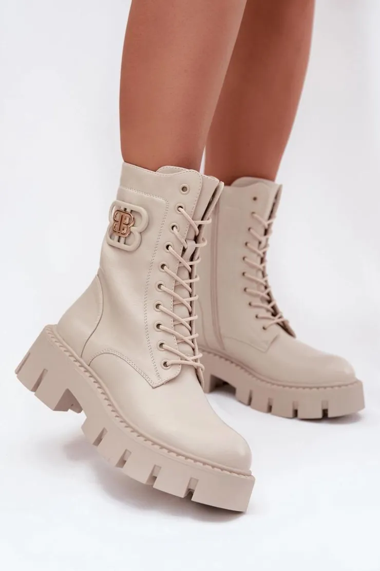 Boto Botki Ocieplane|Botki Sznurowane*Ocieplane Botki Wokrery Damskie Z Ozdobą Jasnobeżowe Melisse