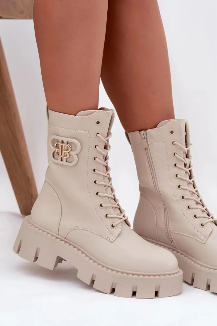 Boto Botki Ocieplane|Botki Sznurowane*Ocieplane Botki Wokrery Damskie Z Ozdobą Jasnobeżowe Melisse