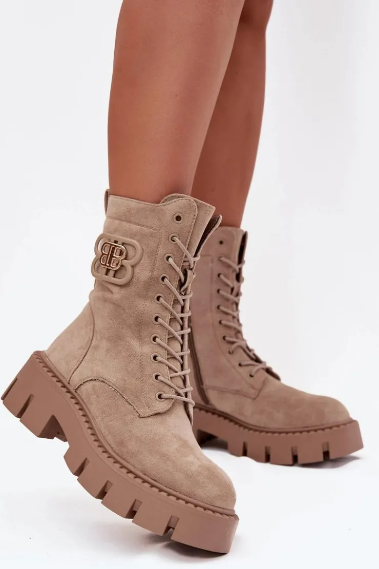 Boto Botki Ocieplane|Botki Sznurowane*Ocieplane Botki Wokrery Damskie Z Ozdobą Beżowe Melisse Beżowy