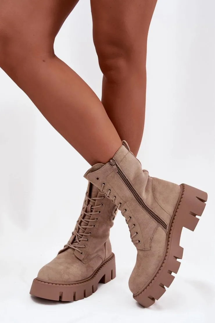 Boto Botki Ocieplane|Botki Sznurowane*Ocieplane Botki Wokrery Damskie Z Ozdobą Beżowe Melisse Beżowy