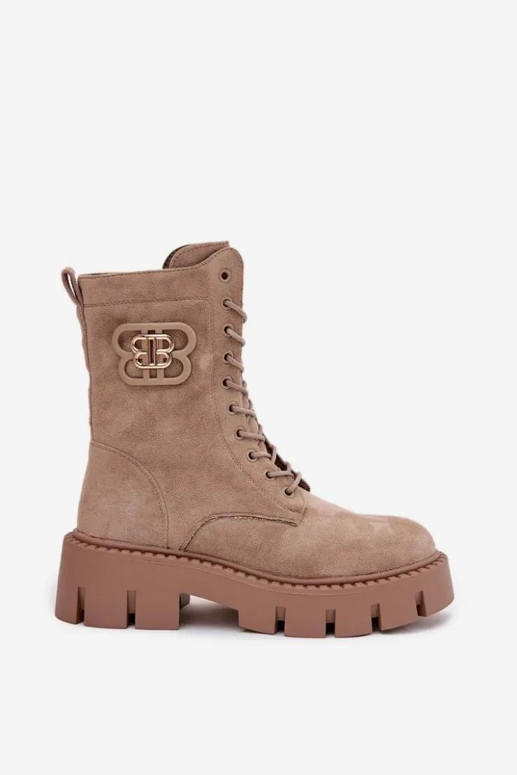 Boto Botki Ocieplane|Botki Sznurowane*Ocieplane Botki Wokrery Damskie Z Ozdobą Beżowe Melisse Beżowy