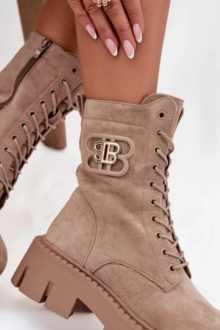 Boto Botki Ocieplane|Botki Sznurowane*Ocieplane Botki Wokrery Damskie Z Ozdobą Beżowe Melisse Beżowy