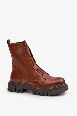 Boto Botki Zimowe Damskie|Brązowe I Beżowe Botki*Ocieplane Botki Workery Damskie Na Zamek Eko Skórzane Brązowe Mailyra