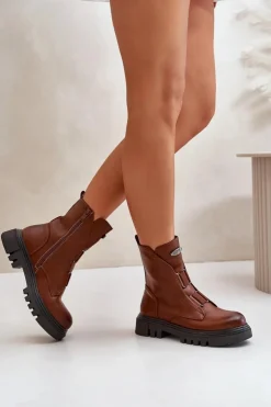 Boto Botki Zimowe Damskie|Brązowe I Beżowe Botki*Ocieplane Botki Workery Damskie Na Zamek Eko Skórzane Brązowe Mailyra