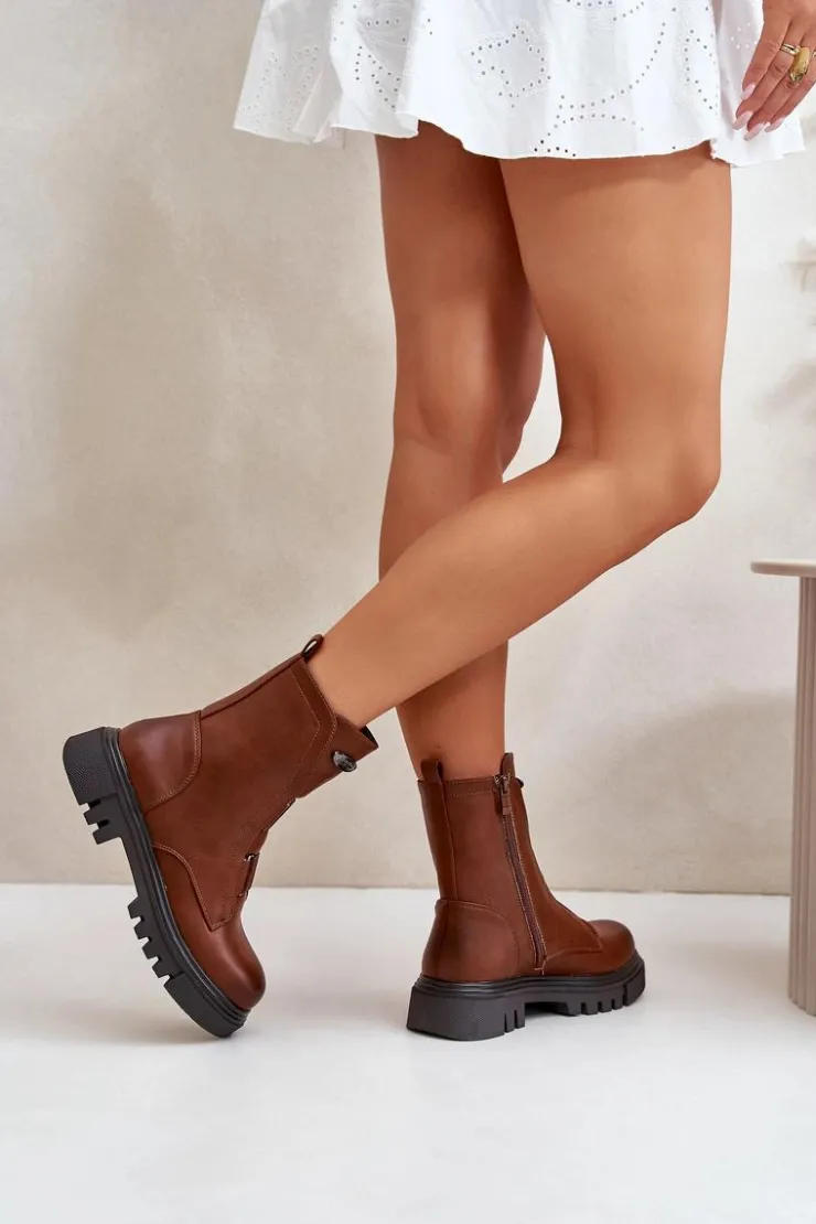 Boto Botki Zimowe Damskie|Brązowe I Beżowe Botki*Ocieplane Botki Workery Damskie Na Zamek Eko Skórzane Brązowe Mailyra