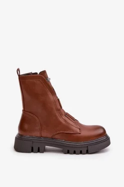 Boto Botki Zimowe Damskie|Brązowe I Beżowe Botki*Ocieplane Botki Workery Damskie Na Zamek Eko Skórzane Brązowe Mailyra