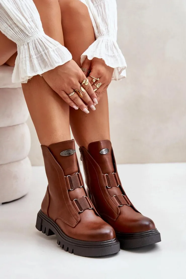 Boto Botki Zimowe Damskie|Brązowe I Beżowe Botki*Ocieplane Botki Workery Damskie Na Zamek Eko Skórzane Brązowe Mailyra