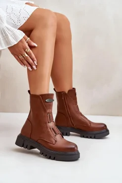 Boto Botki Zimowe Damskie|Brązowe I Beżowe Botki*Ocieplane Botki Workery Damskie Na Zamek Eko Skórzane Brązowe Mailyra