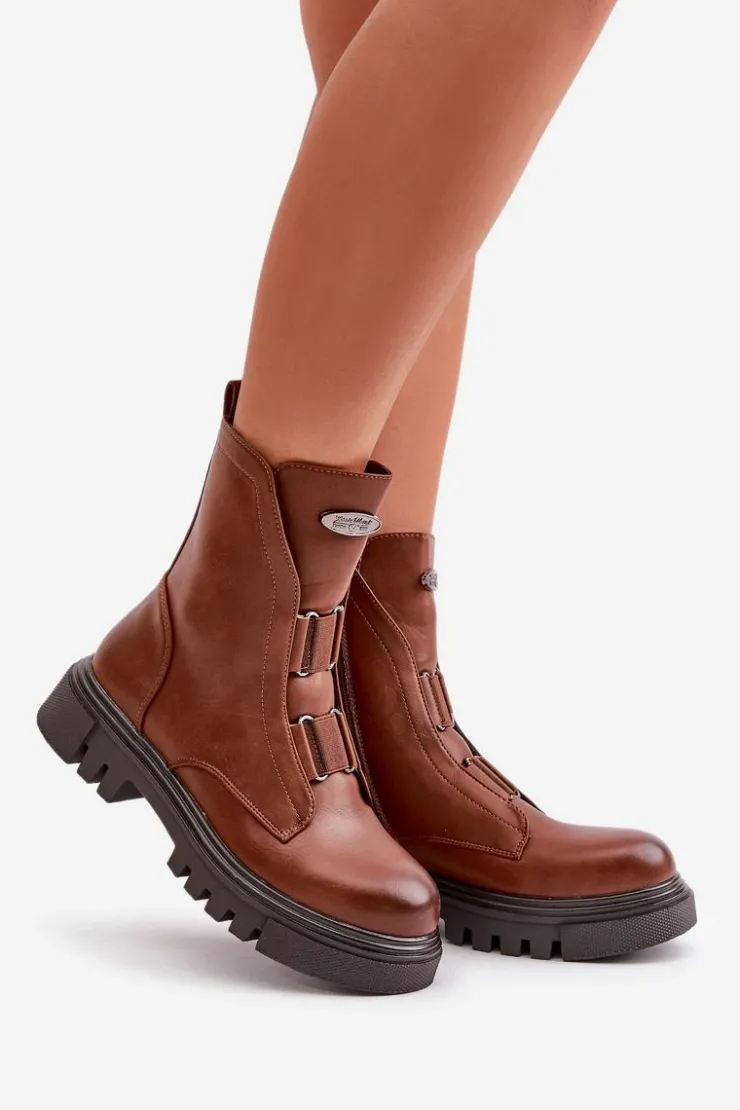 Boto Botki Zimowe Damskie|Brązowe I Beżowe Botki*Ocieplane Botki Workery Damskie Na Zamek Eko Skórzane Brązowe Mailyra