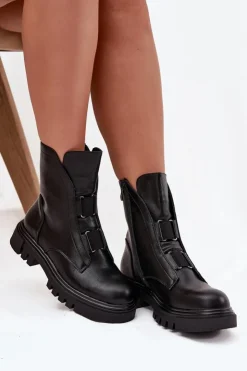 Damskie Boto Ocieplane Botki Workery Damskie Na Zamek Eko Skórzane Czarne Mailyra