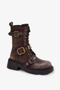 Damskie Boto Ocieplane Botki Workery Damskie Z Klamrami Brązowe Marisse