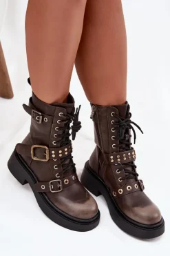 Damskie Boto Ocieplane Botki Workery Damskie Z Klamrami Brązowe Marisse