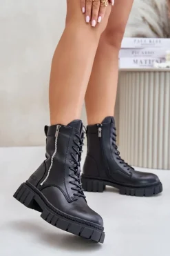 Big Star Shoes Botki Ocieplane|Damskie Trapery*Ocieplane Botki Workery Damskie Z Eko Skóry Big Star MM274578 Czarne