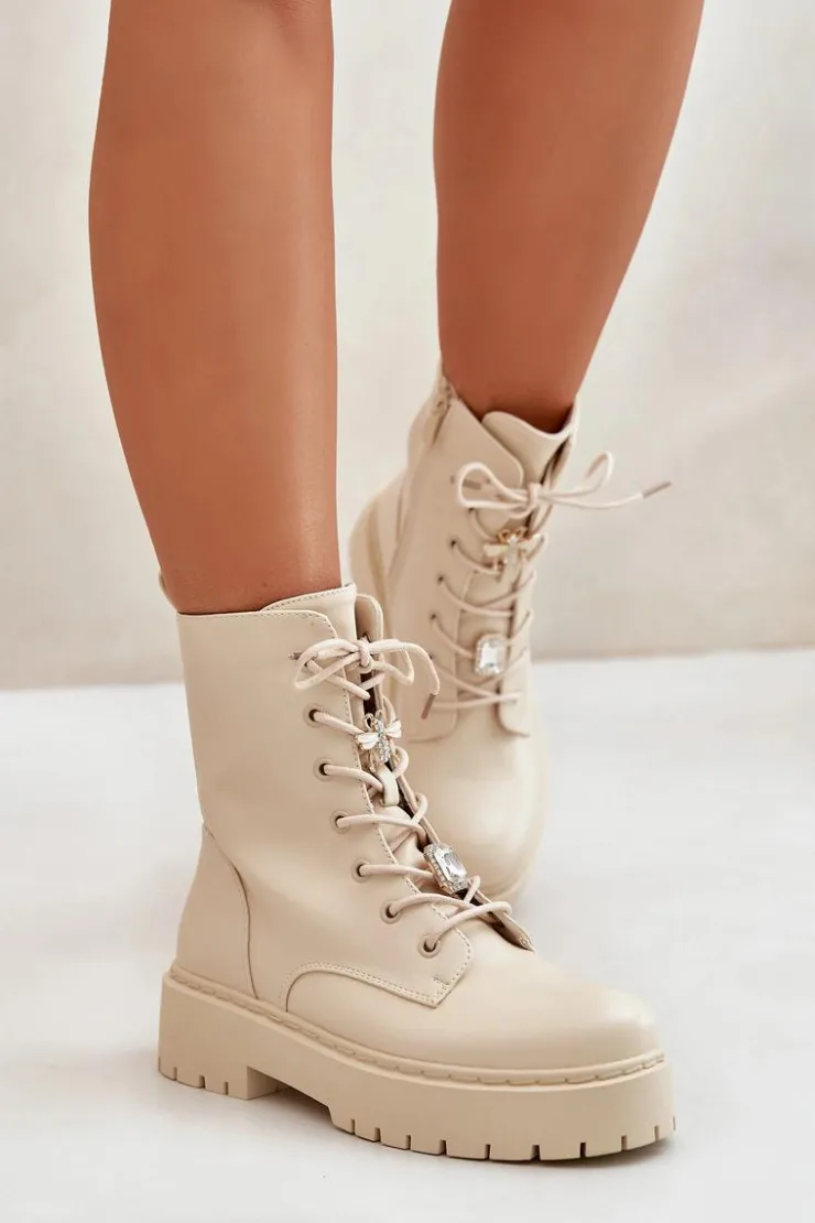 Outlet Boto Ocieplane Botki Workery Damskie Z Przypinkami Beżowe Avorira