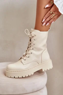 Outlet Boto Ocieplane Botki Workery Damskie Z Przypinkami Beżowe Avorira