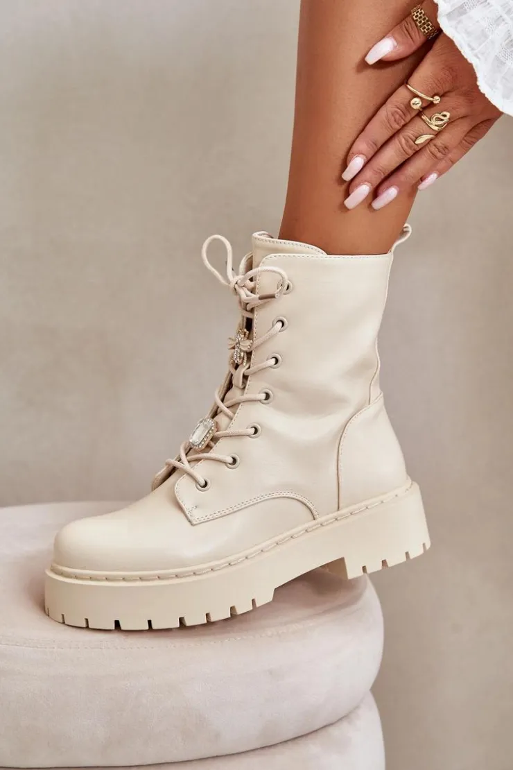 Outlet Boto Ocieplane Botki Workery Damskie Z Przypinkami Beżowe Avorira