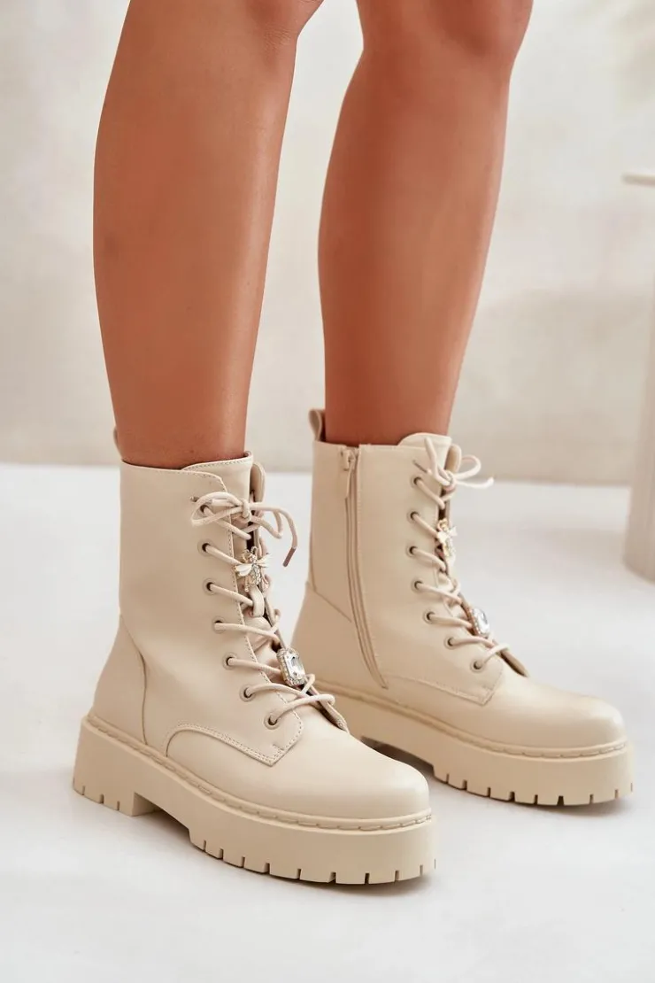 Outlet Boto Ocieplane Botki Workery Damskie Z Przypinkami Beżowe Avorira