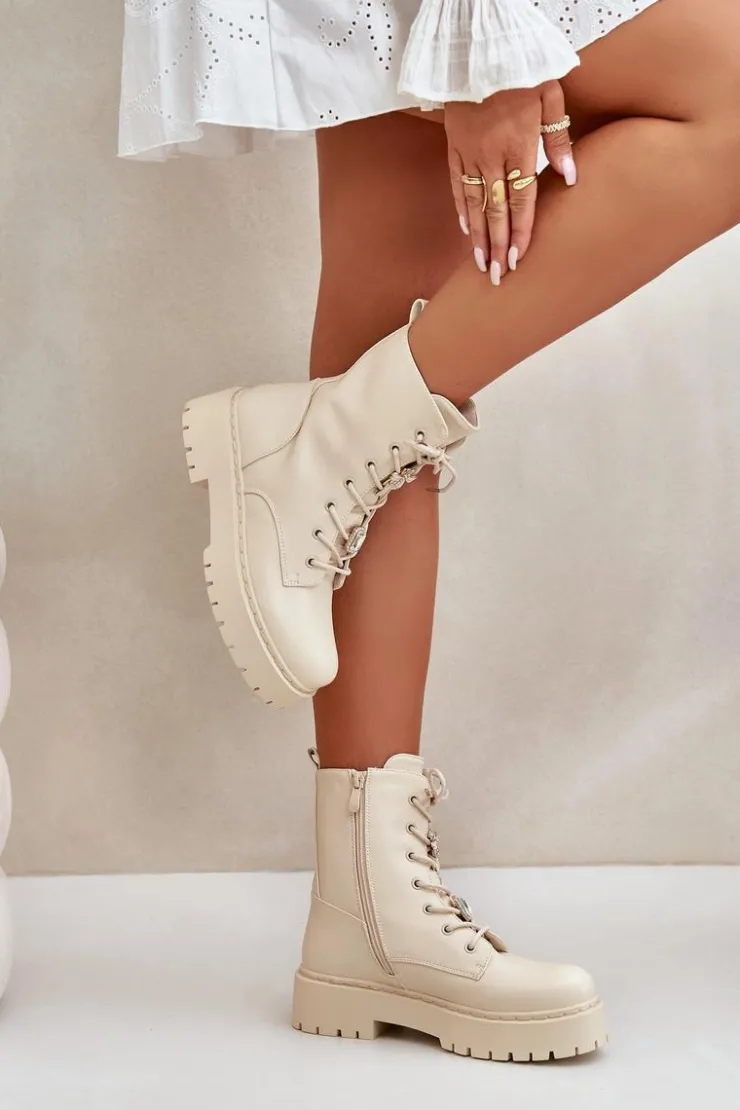 Outlet Boto Ocieplane Botki Workery Damskie Z Przypinkami Beżowe Avorira