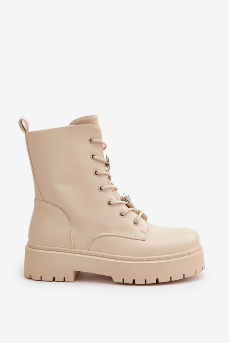 Outlet Boto Ocieplane Botki Workery Damskie Z Przypinkami Beżowe Avorira