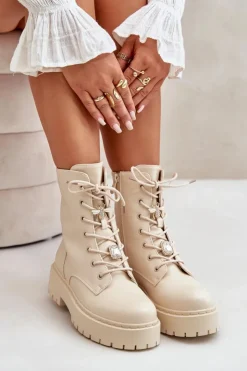 Outlet Boto Ocieplane Botki Workery Damskie Z Przypinkami Beżowe Avorira