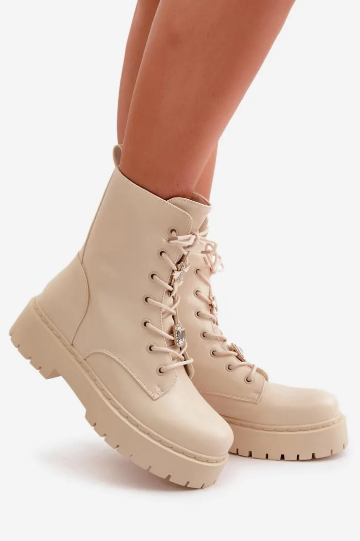 Outlet Boto Ocieplane Botki Workery Damskie Z Przypinkami Beżowe Avorira