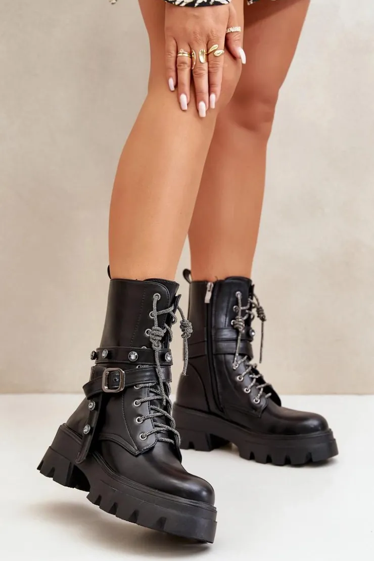 Boto Botki Sznurowane|Czarne Botki*Ocieplane Botki Workery Damskie Z Paskami Czarne Berivana