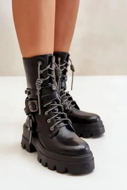 Boto Botki Sznurowane|Czarne Botki*Ocieplane Botki Workery Damskie Z Paskami Czarne Berivana