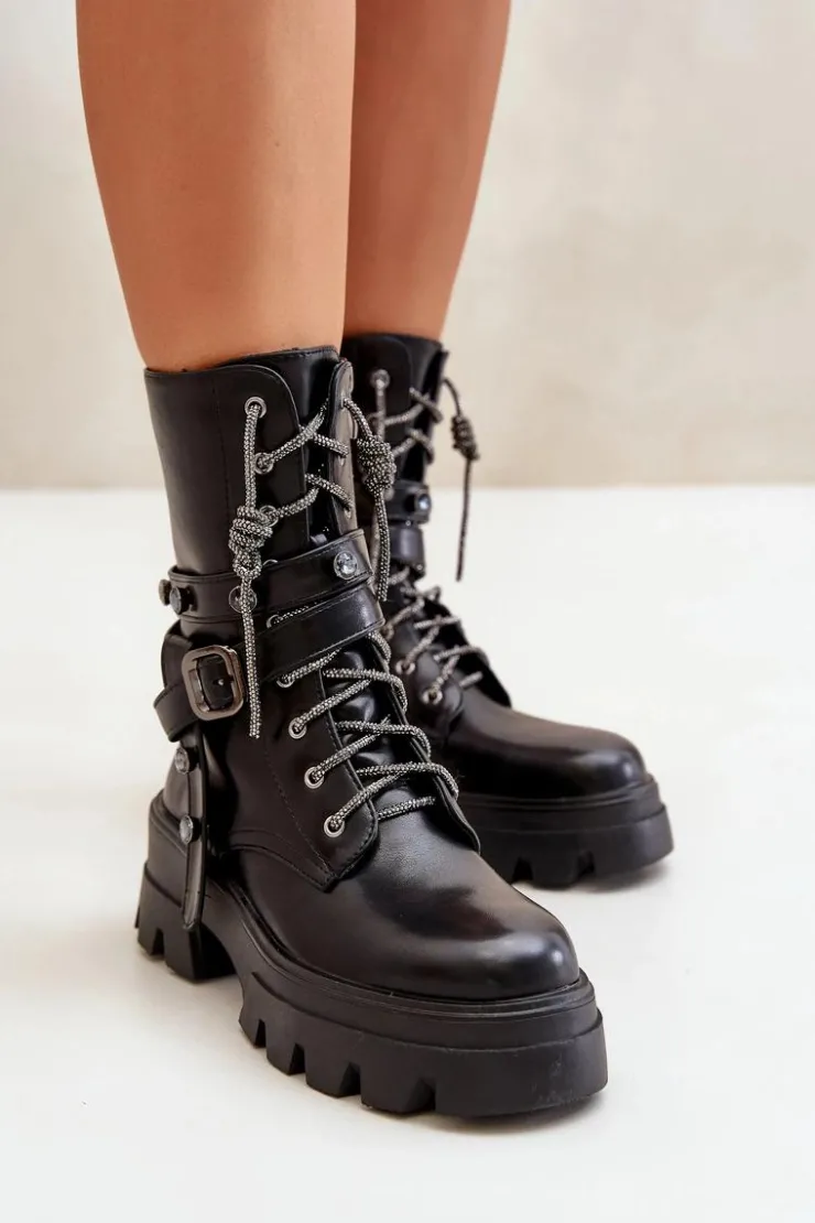 Boto Botki Sznurowane|Czarne Botki*Ocieplane Botki Workery Damskie Z Paskami Czarne Berivana