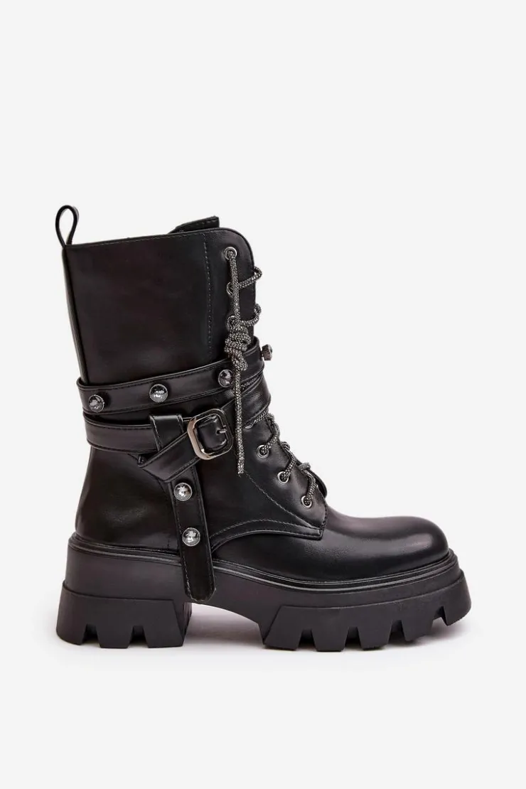 Boto Botki Sznurowane|Czarne Botki*Ocieplane Botki Workery Damskie Z Paskami Czarne Berivana