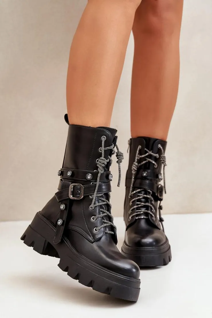 Boto Botki Sznurowane|Czarne Botki*Ocieplane Botki Workery Damskie Z Paskami Czarne Berivana